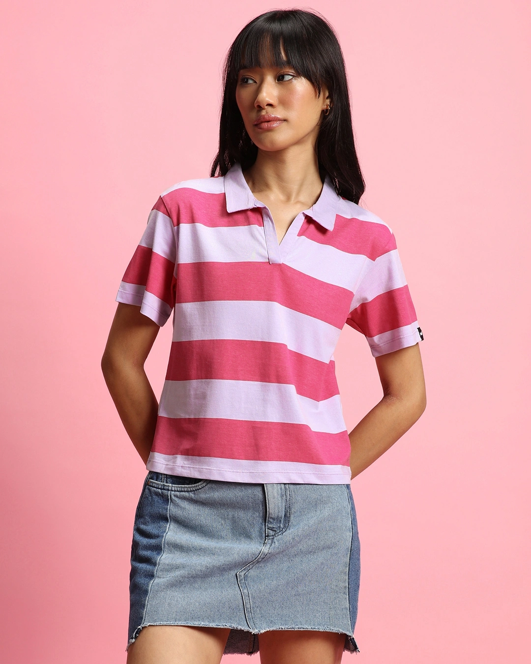 Women's Pink & White Striped Polo T-shirt - Image 2