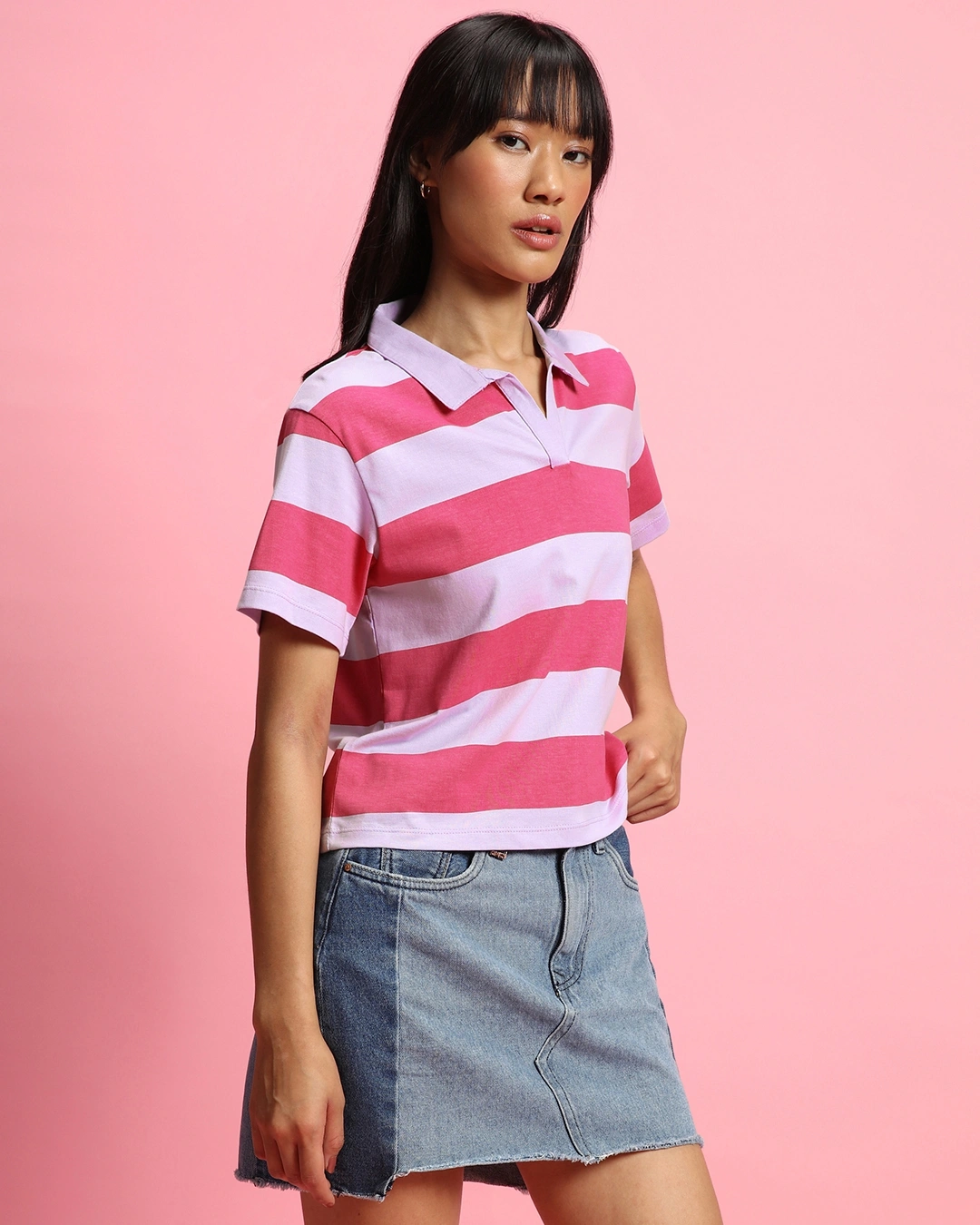 Women's Pink & White Striped Polo T-shirt - Image 3