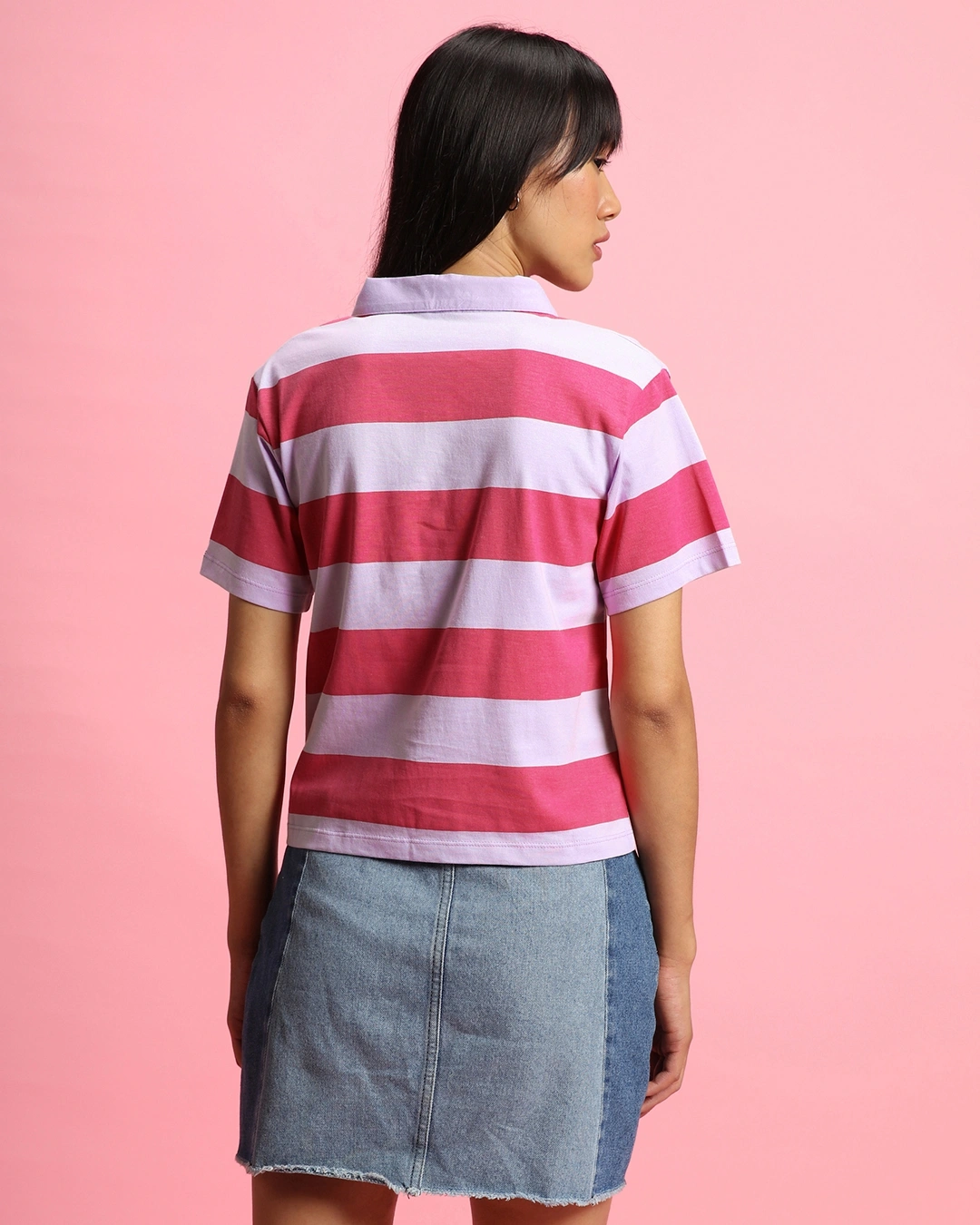 Women's Pink & White Striped Polo T-shirt - Image 4