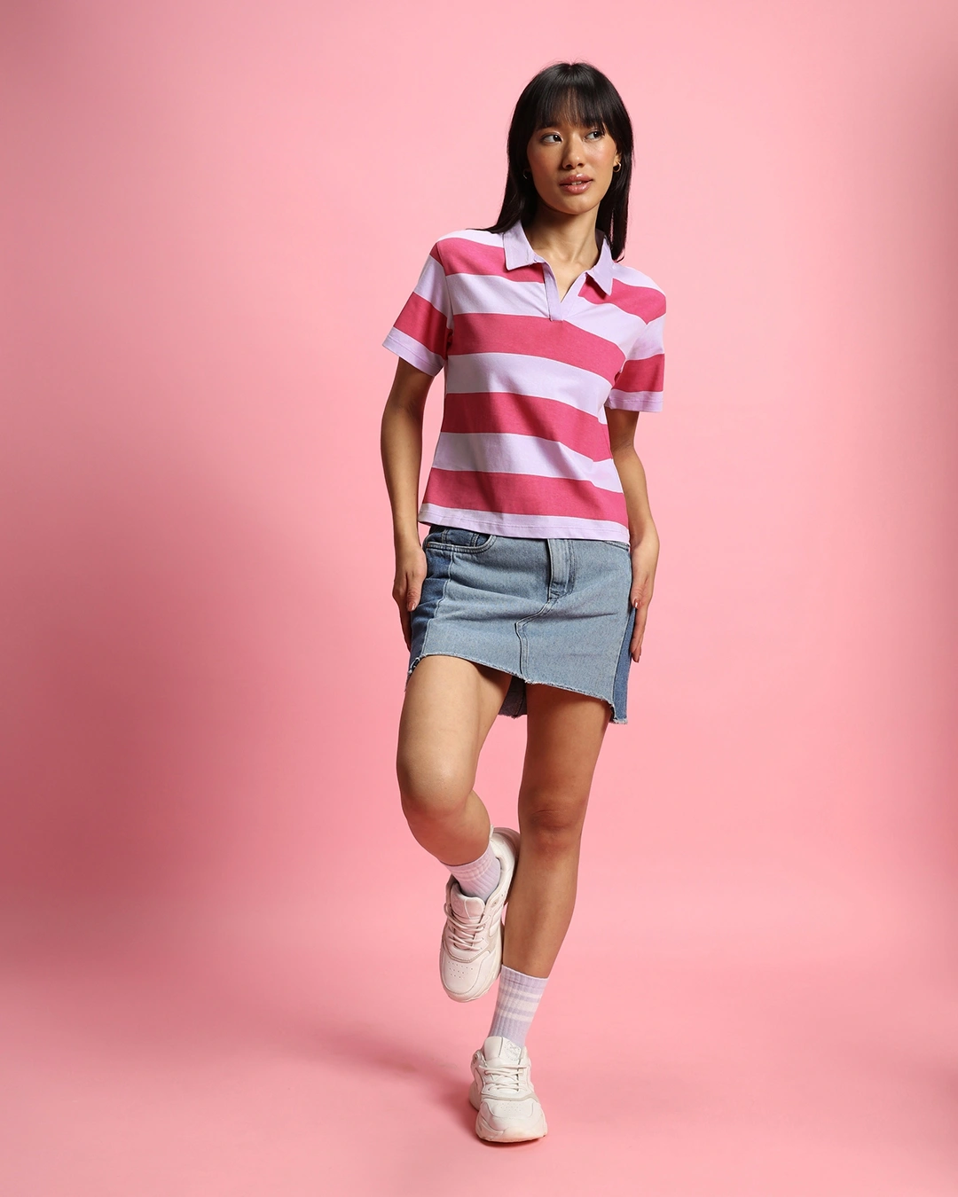 Women's Pink & White Striped Polo T-shirt - Image 5