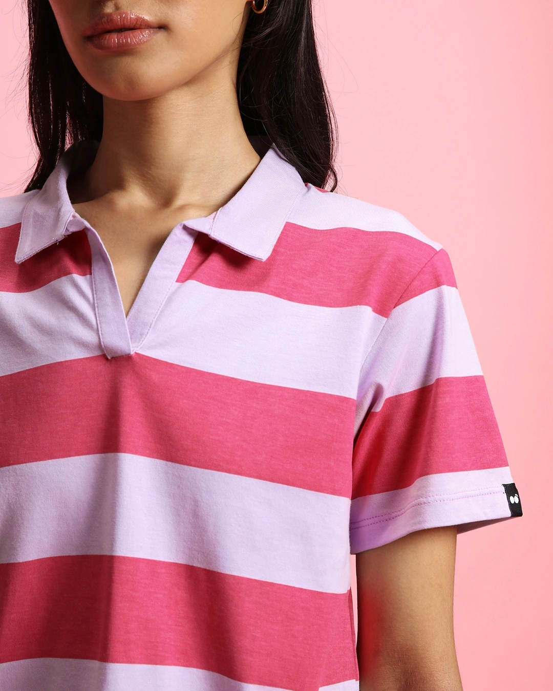 Women's Pink & White Striped Polo T-shirt - Image 6