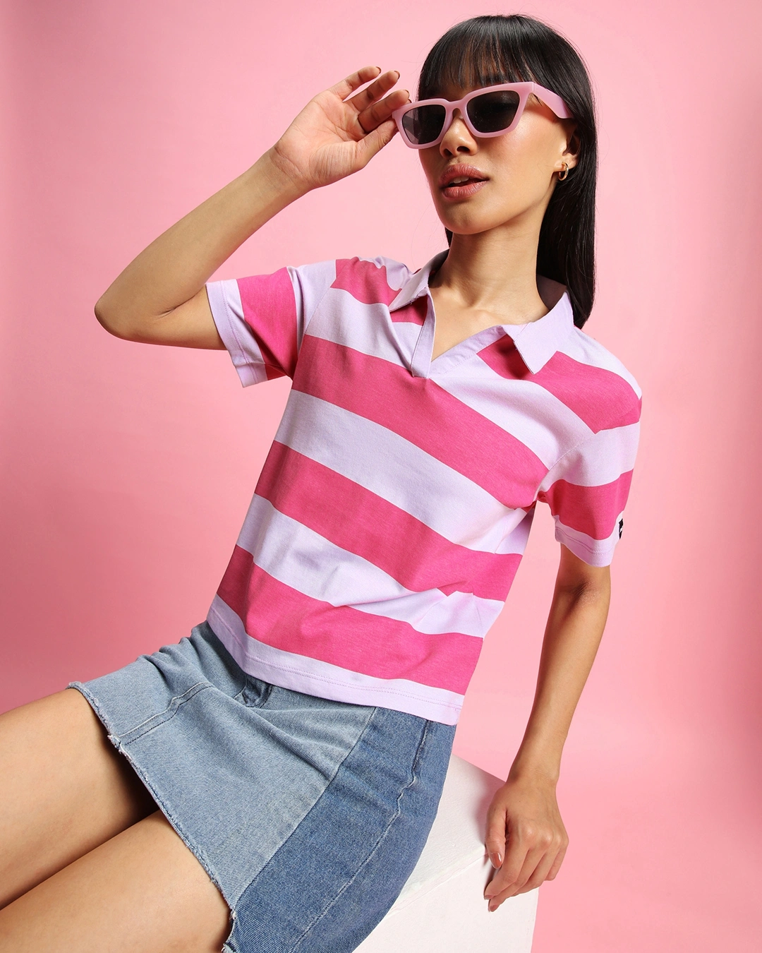 Women’s Pink & White Striped Polo T-shirt