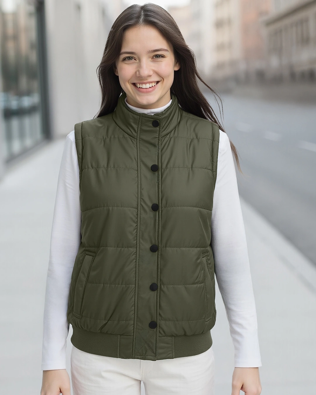Women’s Olive Sleeveless Puffer Jacket