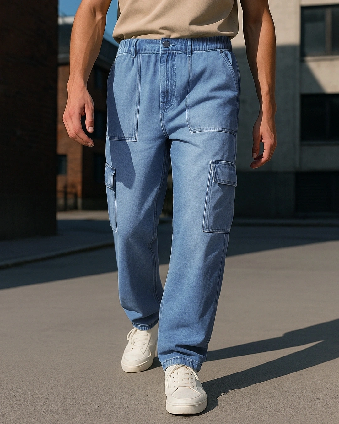 Men’s Blue Washed Baggy Fit Cargo Mid- Rise Jeans
